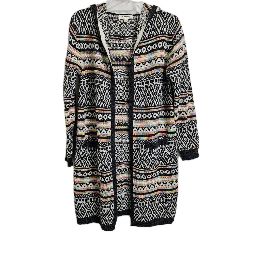 Monteau Los‎ Angeles Hooded Cardigan Sweater Black White Geometric Rainbow Small
